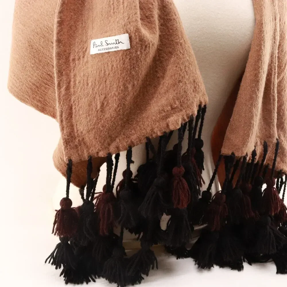 Vintage Paul Martin Worsted Wool Scarf Brown Black Double Layered Tassel Fringe